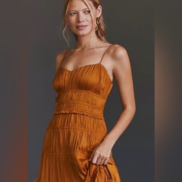 NWT Anthropologie Womens sz 8 Ruched Tiered Midi Pleated Satin Slip Dress Gold - Picture 2 of 8